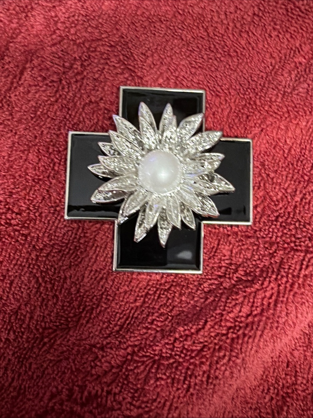 Silver Sunburst Pearl & Black Enamel Cross Brooch